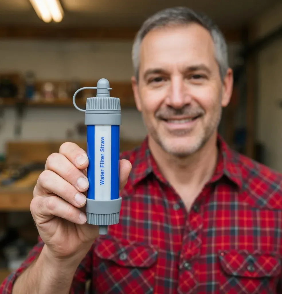 Dylan S. holding survival sip water filter and looks happy